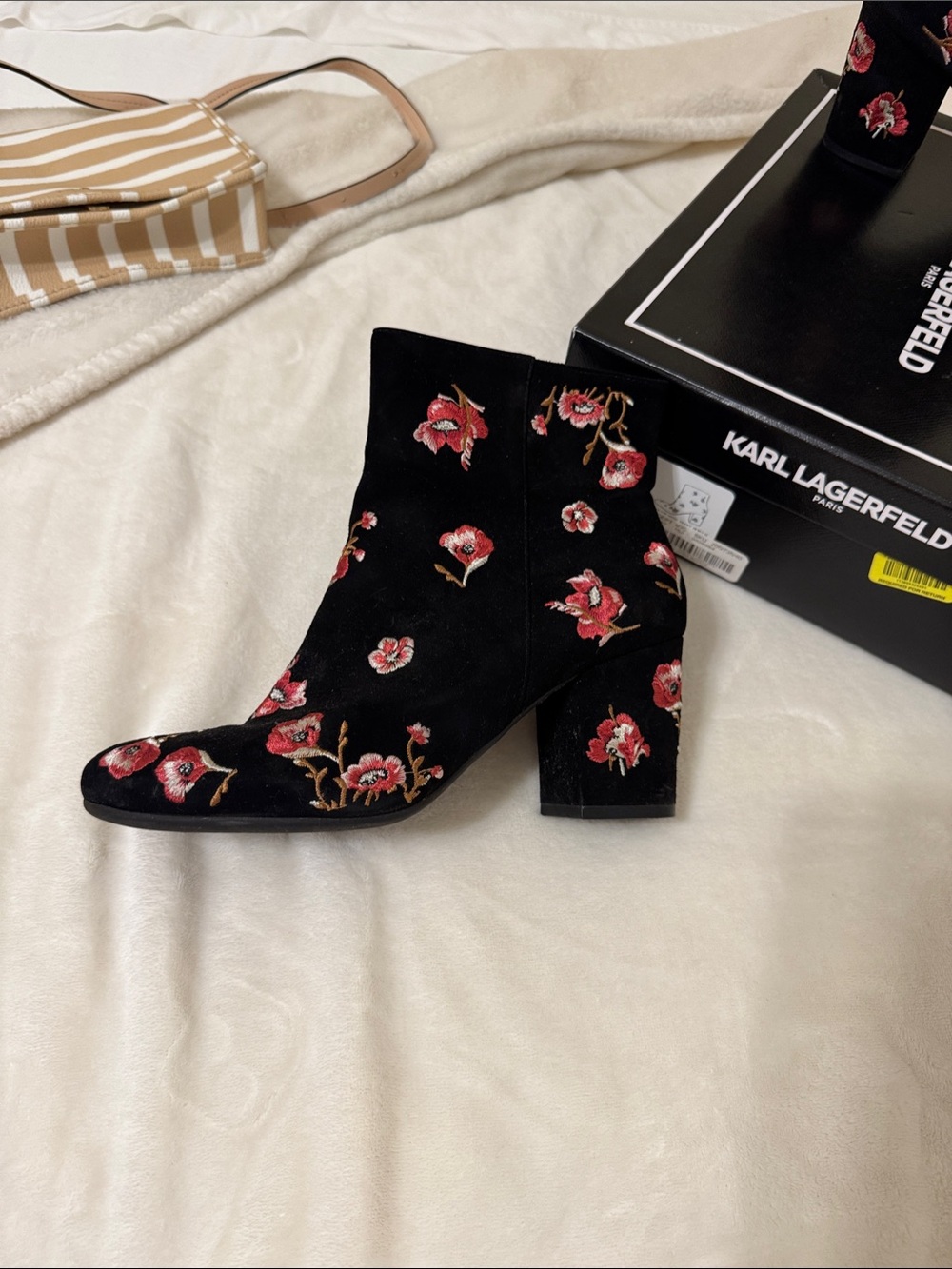 Karl Lagerfeld Black Suede Ankle Boots with Red Floral Embroidery Boho Western